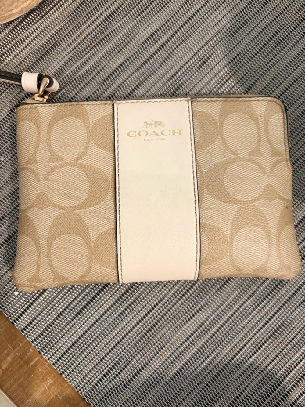 Coach Signature Canvas Wristlet in Tan and Cream